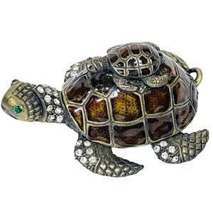 Turtle with Baby Turtle Shaped Ceramic Hinged Trinket Box Porcelain Crystals